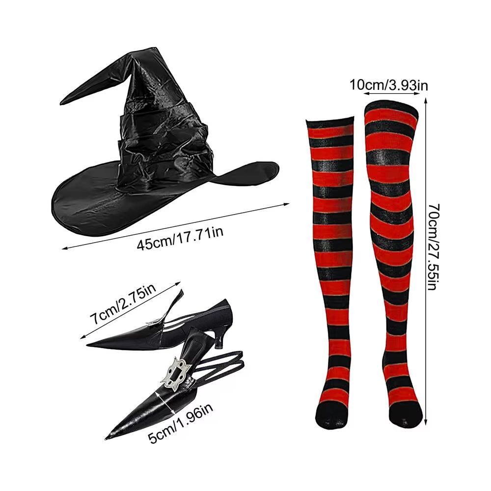 Halloween Costumes for Women Witch Dress-Up Pointy Witch Shoes Decoration Striped Knee-High Socks and Witch Hat Set for Dress-Up