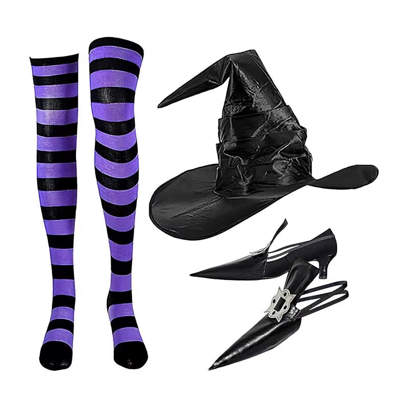 Halloween Costumes for Women Witch Dress-Up Pointy Witch Shoes Decoration Striped Knee-High Socks and Witch Hat Set for Dress-Up