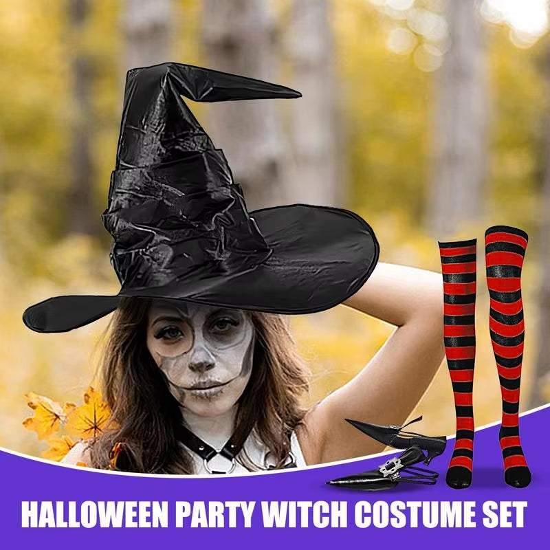 Halloween Costumes for Women Witch Dress-Up Pointy Witch Shoes Decoration Striped Knee-High Socks and Witch Hat Set for Dress-Up