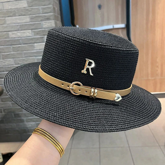 Summer Sun Hat Flat Top Straw Hats for Women New Metal R Letter Fashionable Beach Sun Hat Females Travel Holidays Boater Hat