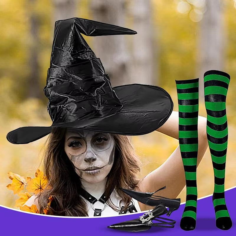 Halloween Costumes for Women Witch Dress-Up Pointy Witch Shoes Decoration Striped Knee-High Socks and Witch Hat Set for Dress-Up