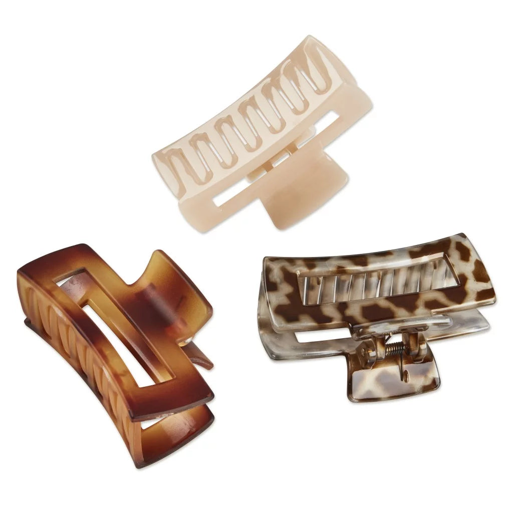 Open Cut Rectangular Claw Clips, Assorted Neutrals, 3 Ct