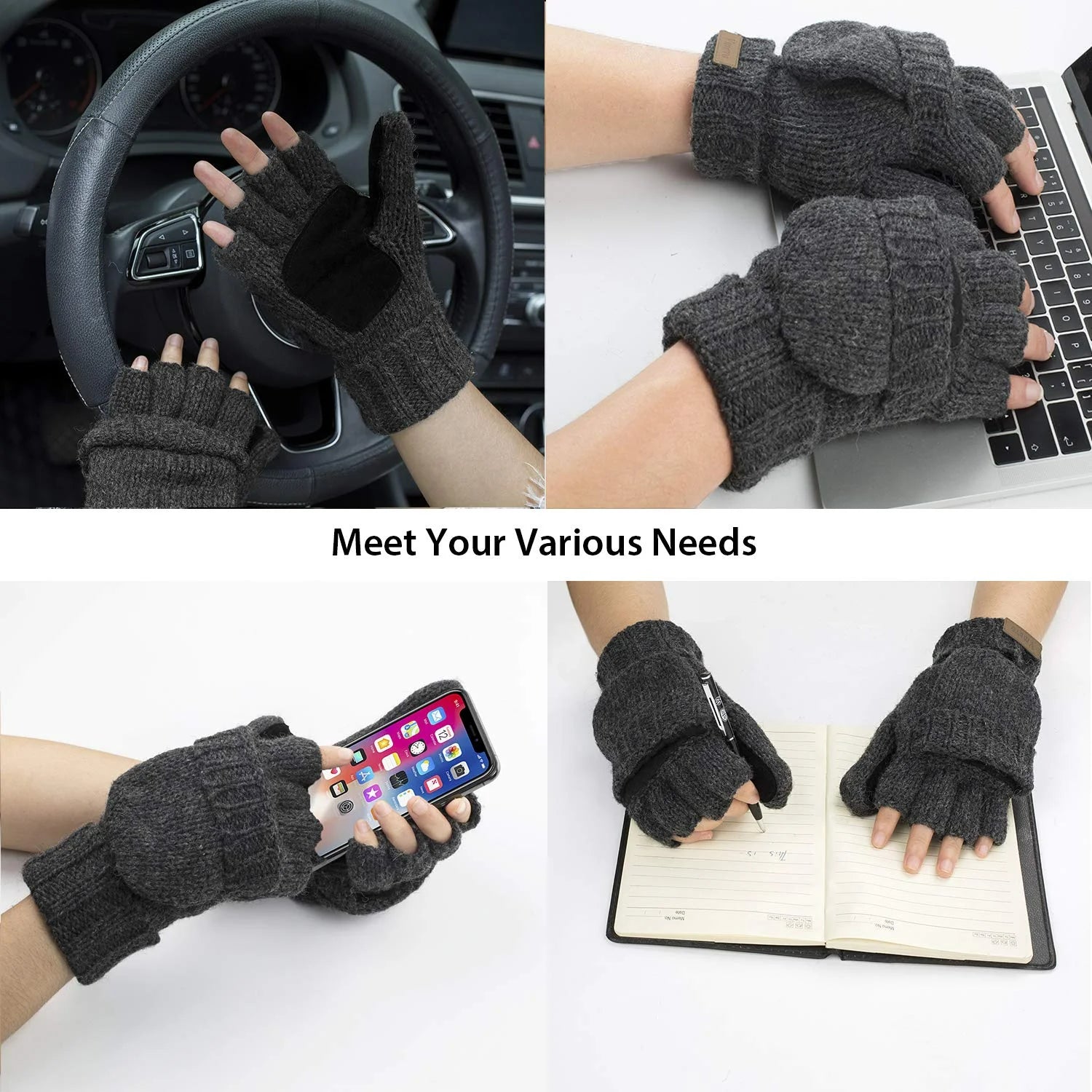 Mittens Winter Fingerless Gloves Warm Wool Knitted Gloves Convertible Gloves for Men and Women